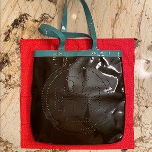 EUC Tory Burch Patent Leather Tote - Brown & Teal